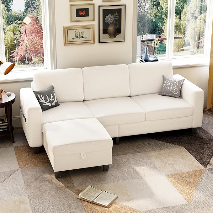 78" Sectional Sofa Couches for Living Room, Beige Convertible L Shaped Couch with Storage Ottoman, Deep Seat Pet-Friendly Linen Fabric Sofa Set for Small Space, Apartment, Dorm