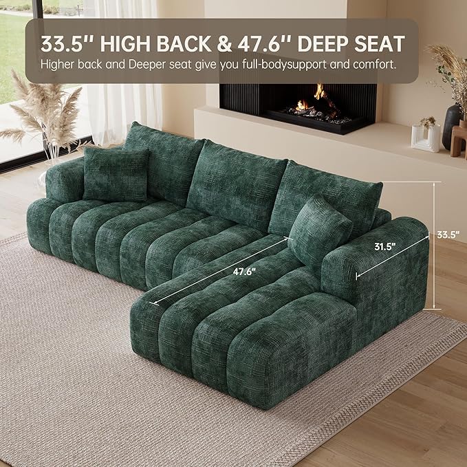 108" Cloud Sectional Couches for Living Room, Boneless L-Shaped Sofa with Pillow 3 Seater Modular Sectional Sofa (Dark Green)