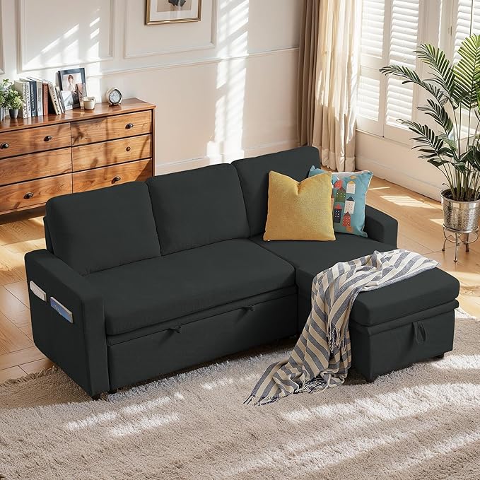 79" Sleeper Sofa Bed, Convertible Sofa Pull Out Couch with Storage | Reversible Chaise | L Shaped | Layered Storage | 3-Seater Comfy Sectional Couch Pullout Bed for Living Room, Black