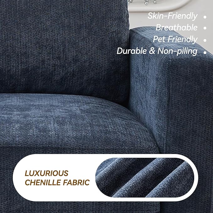 44.2" Chenille Oversized Chair with Movable Ottoman, Modular 1 Seat Couch with Thickened Cushions, Modern Single Sofa Chaise Lounge Reading Chair for Living Room, Small Apartment, Blue