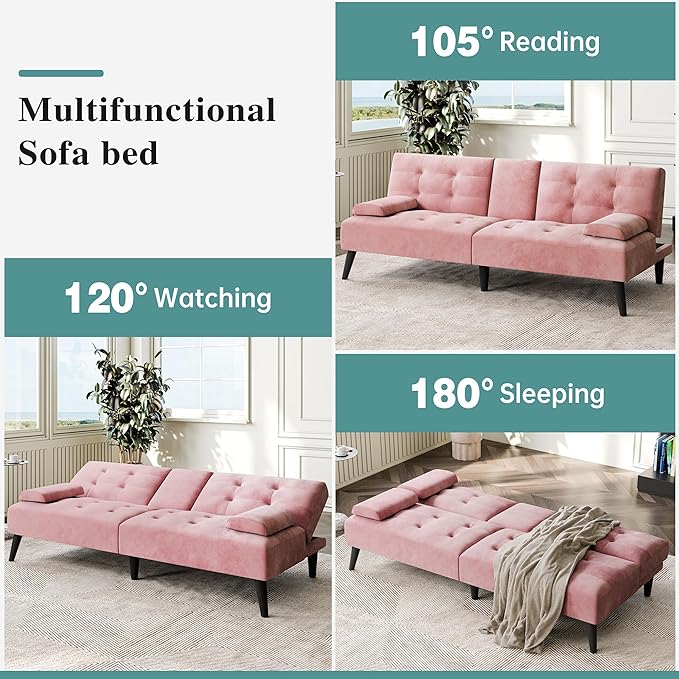 Meilocar Futon Sofa Bed, Modern Convertible Sofa Couch Recliner, 64 in Adjustable Sofa Bed for Living Room, Removable Armrest Pillow, 2 Cup Holders, 3 Angles Back, 5.3FT, Pink