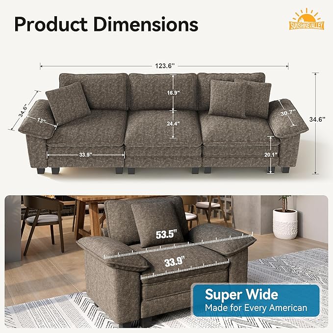 3 Seat Modular Sofa, 123.6'' Oversized Modern Chenille Sectional Couch with Wider Armrest and Pillow, Upholstered Cloud Deep Seat Sofa for Living Room, Smoky Grey