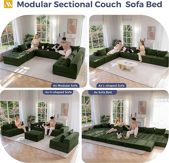 MAXYOYO Modular Sectional Sofa Couch, Foldable Oversized U Shaped Cloud Couch with Pillows, Tufted Boneless Sleeper Lounger Floor Sofa Bed for Living Room, No Assembly Required, Dark Green