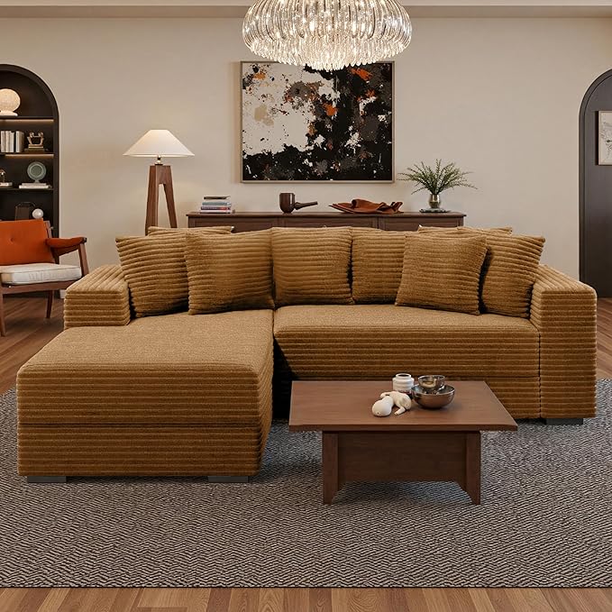 111'' Modular Sectional Cloud Couches with Chaise, L Shaped Extra Large Sleeper Couch Reversible Fluffy Corduroy with 8pcs Pillows for Living Room(Brown Left Facing Chaise)