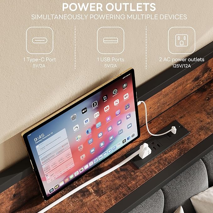 LIKIMIO King Size Bed Frame, Storage Headboard with Charging Station, Solid and Stable, Noise Free, No Box Spring Needed, Easy Assembly