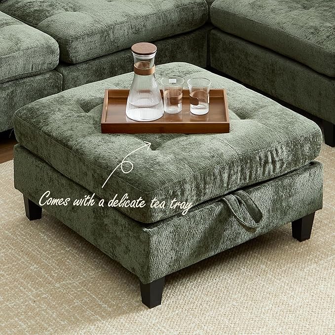 Luxe Oversized Modular Sectional Sofa, Modern Chenille Convertible Sleeper Sofa with Storage Ottoman, Comfy Deep Seat U-Shaped Cloud Couch for Living Room（Green，5-Seater + 1*Ottoman+ Tea Tray）