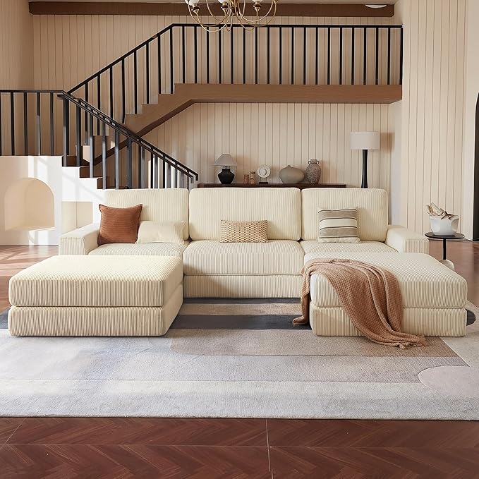 Modular Sectional Sofa, 120.47" Modern Cloud Couch Sectional Sofa with U-Shaped Chaise Comfy Corduroy Fluffy Couch with Deep Seat Boneless couches for Living Room Bedroom, White