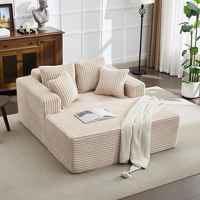 Oversized Chaise Lounge Chair Indoor 61" D x 54" W 2‑Person Comfy Cloud Boneless Couch Corduroy Foam No Assembly Required Sofa Bed with 4 Pillows & Armrests for Living Room & Bedroom