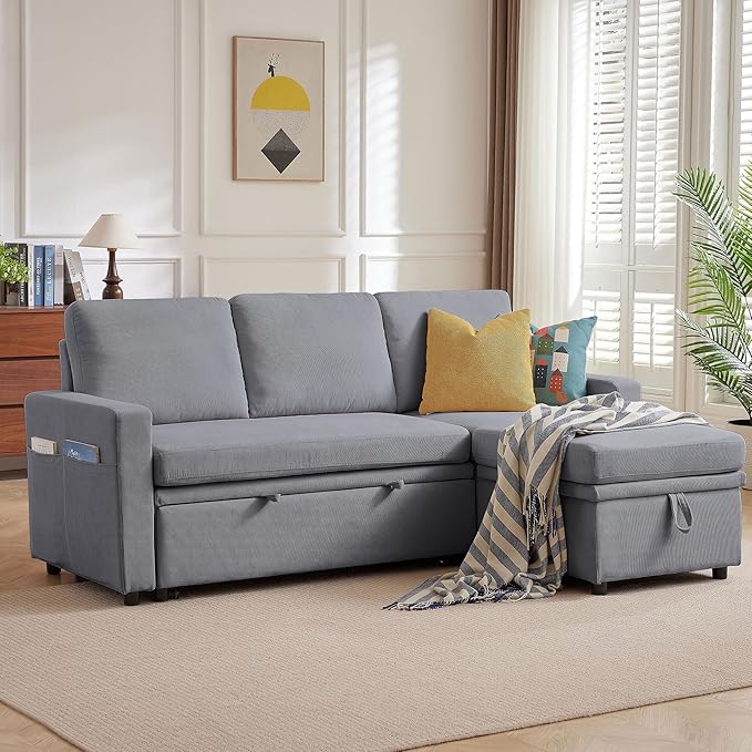 79" Sectional Sofa Couch, L Shaped Sleeper Sofa Bed with Reversible Storage Chaise, Side Pockets, Durable Cushions, Convertible Pull Out Bed Couch for Living Room, Light Grey