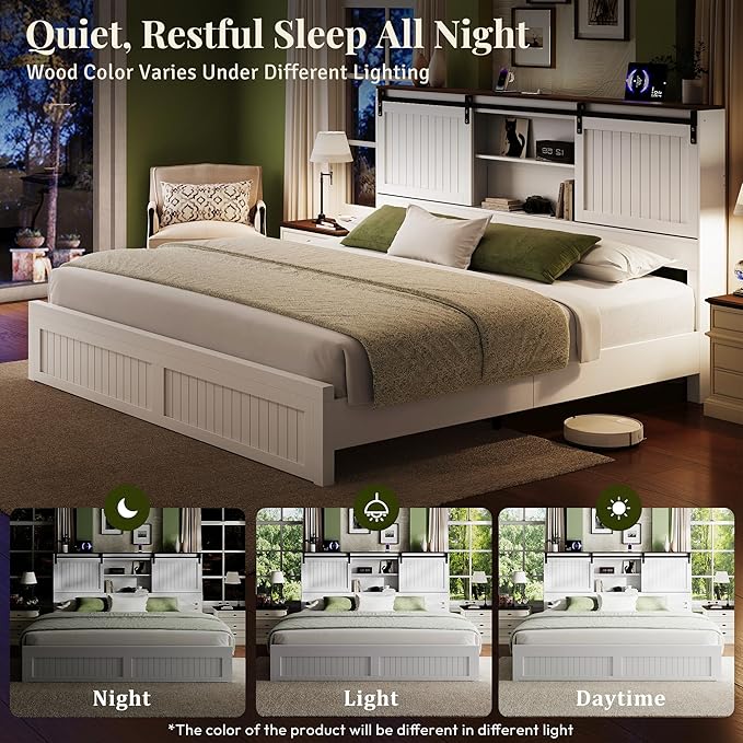 King Size Bed Frame with Storage Headboard, Sliding Barn Door, Wood Platform Bed with Reading Light and Charging Station, Wood Slats Support, Easy Assembly, Noise-Free, Antique White