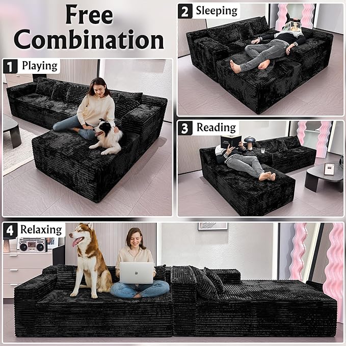 Boneless Modular Sectional Sofa, Cloud Couch with Right Facing Chaise, Oversized Deep Seat, L-Shaped, Soft Corduroy Fabric, Sectional Couch for Living Room -Black