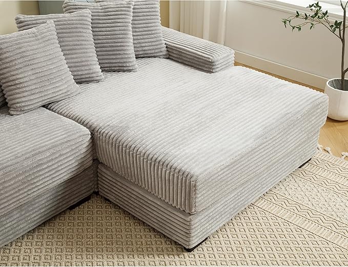 111 Inch Corduroy Sectional Couches for Living Room | L-Shaped Sectional Couch with 8 Pillows | Cloud Couch with Deep Seat | Solid Wood Frame Sofa Light Grey (Right Facing Chaise)