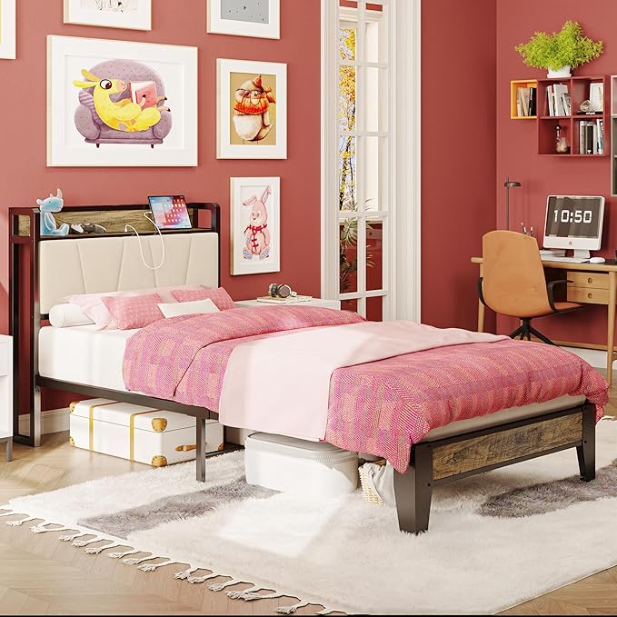 LIKIMIO Twin XL Bed Frames, Storage Headboard with Charging Station, Solid and Stable, Noise Free, No Box Spring Needed, Easy Assembly (Walnut and Beige)