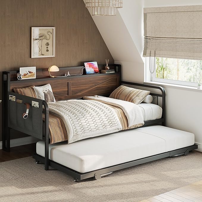 LIKIMIO Twin Daybed, Day Beds with Pop Up Trundle, Storage Headboard with Charging Station, Strong Supports for Apartment and Other Small Space, Walnut