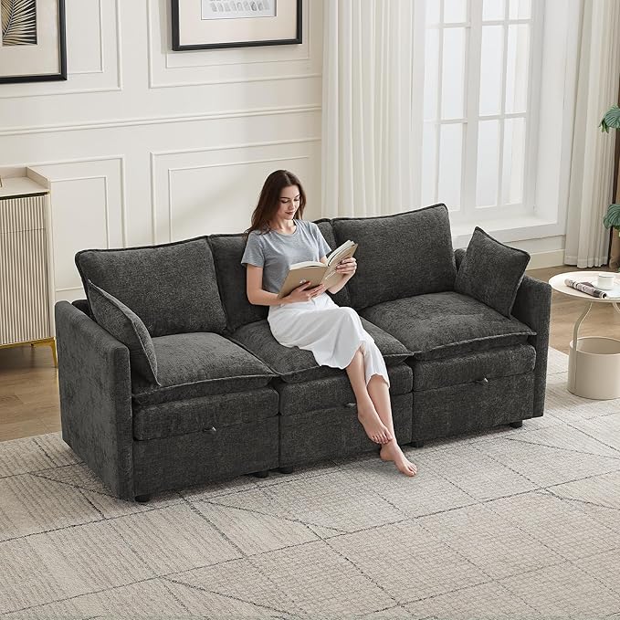 80" Cloud Modular 3 Seater Sofa with Storage, Modern Upholstered Storage Sofa Couch Deep Seat, Sectional Sofa Chenille Comfy Couch with Armrests for Living Room, Small Space, Dark Grey | Sofa Storage, Storage Sofa, Deep Seat, Sectional Sofa, Comfy Couch