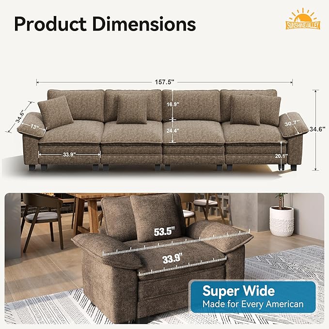 4 Seat Modular Sofa, 157.5'' Oversized Modern Chenille Sectional Couch with Removable Armrest and Pillow, Upholstered Cloud Deep Seat Sofa for Living Room, Taupe