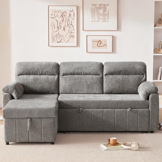 Tbfit 84'' Sleeper Sofa Bed, 3 in 1 Cloud Pull Out Sofa Couch with USB & Storage Chaise, Chenille Convertible Sofa Bed with Pull Out Bed, Couches for Living Room, Apartment, Office, Light Grey
