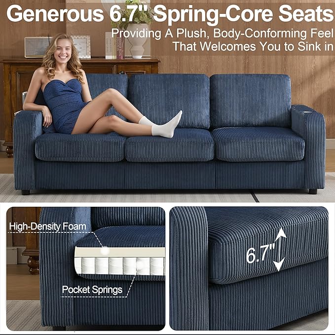 87.4" Oversize 3 Seater Couch,Modern Upholstered Sofa for Living Room, Deep Seat Comfy Loveseat Couch with Cup Holders,Corduroy Love Seat Sofa (Blue)