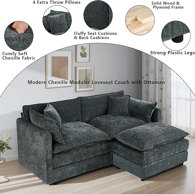 Setawix Deep Loveseat Couch with Ottoman,Large L-Shaped 2 Seater Cloud Couches for Living Room,77.16" Chenille Cloud Sofas with Deep Seat,Modular Sectional 2 Seat Sofa for Bedroom (Grey, 2+1)