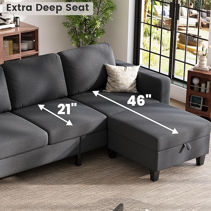 Sectional Sofa and Couches for Living Room, 78'' Dark Grey 3 Seat L-Shaped Couch with Movable Ottoman, Comfy Linen Convertible Sectionals Sofas with Chaise for Apartment, Dorm, Small Space