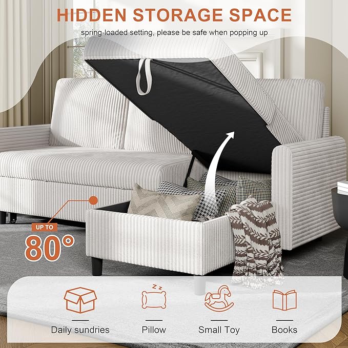 Vongrasig Pull Out Couch with Storage, 77" Sectional Sleeper Sofa, 2 in 1 L-Shaped Sofa Bed with Storage Chaise Corduroy Fabric for Living Room, Apartment, Small Space, White