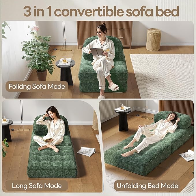 Dowinx Folding Sofa Bed with Pillow, Convertible Comfy Couch Bed for Adults Home Lounge and Gaming, Modern Comfortable Design for Apartment Living Room Bedroom, Single, Smooth Velvet, Cyprus Green