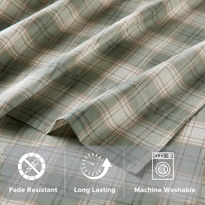 Comfort Spaces 100% Cotton Sheets Twin, Breathable, Naturally Cool Cotton Sheets, Soft Cotton Bed Sheets with 12" Elastic Pocket Fits up to 14" Mattress, All Seasons Sheet Set, Wesley Green 3 Piece