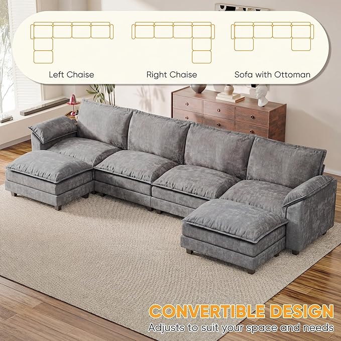 Modular Sectional Sofa with Double Layer Cushion, U Shaped Cloud Couch with 2 Movable Ottoman & Deep Seat, Oversized Chenille Sofa Couches for Living Room and Apartment (Light Grey, U Shaped Sofa)