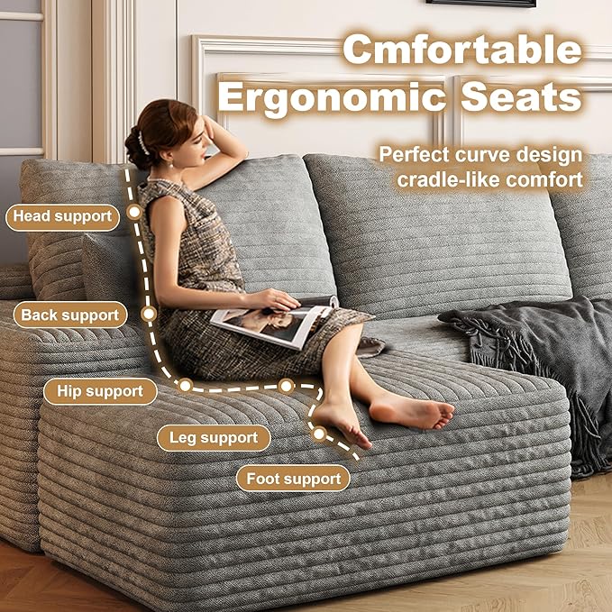108" Sectional Couches for Living Room Cloud Couch Sofa with L-Shape Upholstered Boneless Couchs Modern Modular Sectional Couch with Chaise (Grey, 108" Right Facing Chaise+2Seaters+1Ottoman)