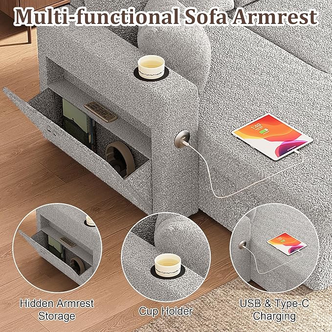 Sleeper Sofa Bed, 4-in-1 Pull Out Couch with Reversible Chaise | Dual USB & Type-C Charging | Dual Cup Holders | Layered Storage (Armrest + Chaise) for Living Room, Apartment, Home Office (Light Gray)