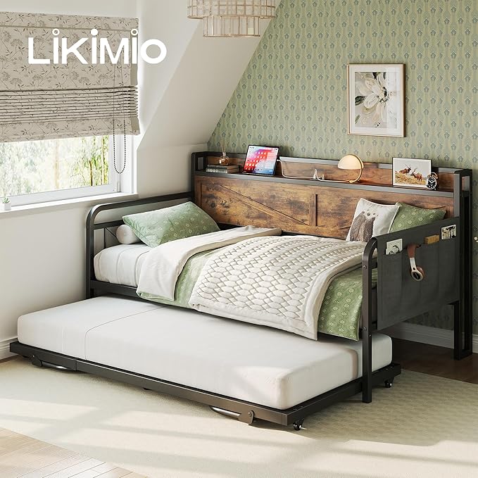 LIKIMIO Twin Daybed, Daybeds with Pop Up Trundle, Storage Headboard with Charging Station, Strong Supports for Apartment and Other Small Space, Industrial Brown