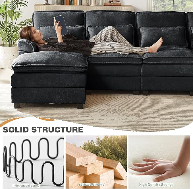 112" Modular Sectional Sofa, U Shaped Comfy Cloud Couch with Double Chaise and Padded Armrests, Modern Deep Seat Sectional Couches for Living Room, Apartment, Office, Black