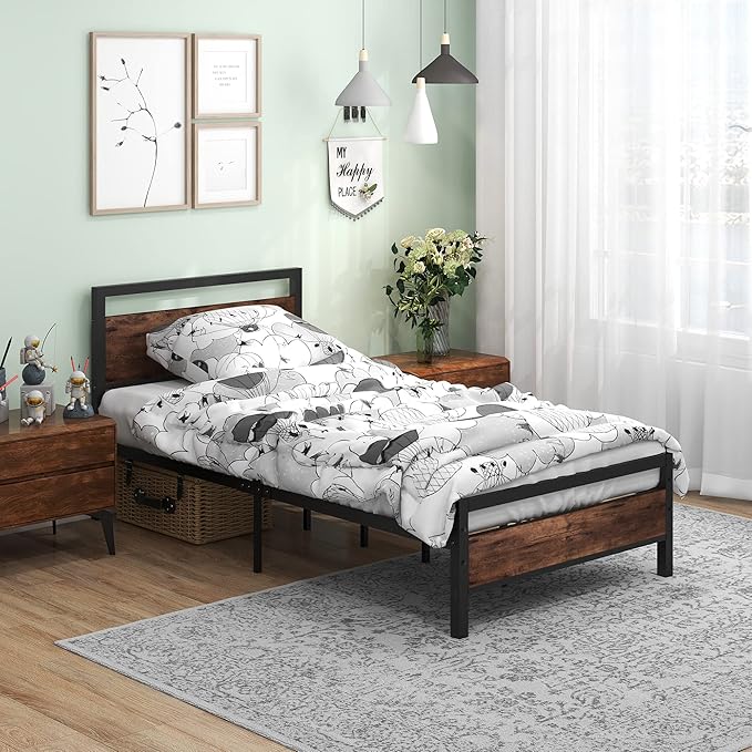 BOFENG Twin Size Bed Frame with Vintage Wood Headboard Farmhouse Bed,Heavy Duty Metal Platform Bed Frames No Box Spring Needed,Firm Mattress Foundation Steel Slat Support Easy Assembly(Brown)