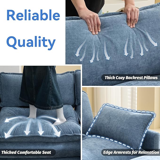 76'' Cloud Deep Seat Loveseat, Upholstered Chenille Modular 2-Seats Sectional Sofa Couch, Modern Comfy Settee Loveseat for Living Room Set, Small Apartment, Blue