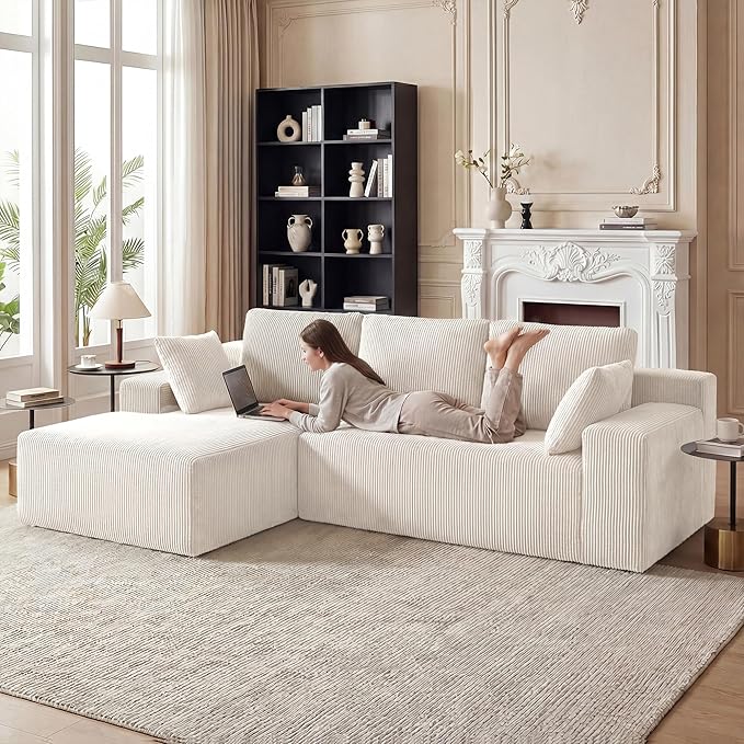 Cloud Sectional Boneless Couches for Living Room, Modular L Shaped Couch with Deep Seat Oversized Left Facing Chaise, Memory Foam Compressed Spineless 3 Seater Sofa for Apartment, Beige | No Assembly Required, Deep Seat, Cat-Claw Resistant, Flexible Mo...