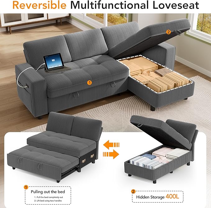 Vipbear Sectional Sleeper Couch with Pull Out Sofa Bed, L Shaped Plush Corduroy Couch with Reclining Backrest & Storage & USB Charging, Convertible Cloud Sectional Sofa Bed for Living Room, Grey | Breathable material, Tool-Free Assembly, Reclining Back...
