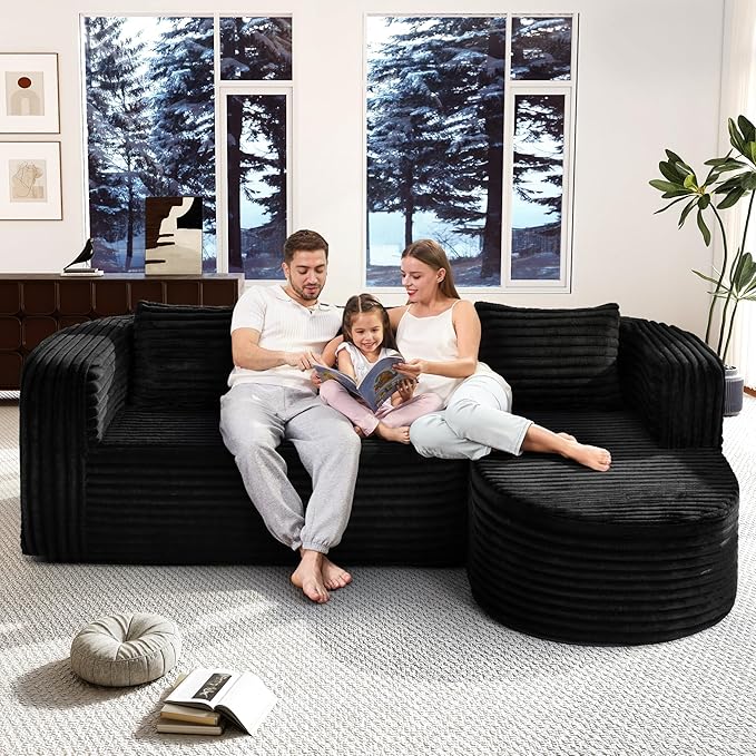 Hobestluk 96" Cloud Sectional Couch Modern Boneless Couch 3 Seater with Oversized Chaise L Shaped Modular Sofa Couches for Living Room Apartment No Assembly Required (Stripe Black,Right Facing Chaise)