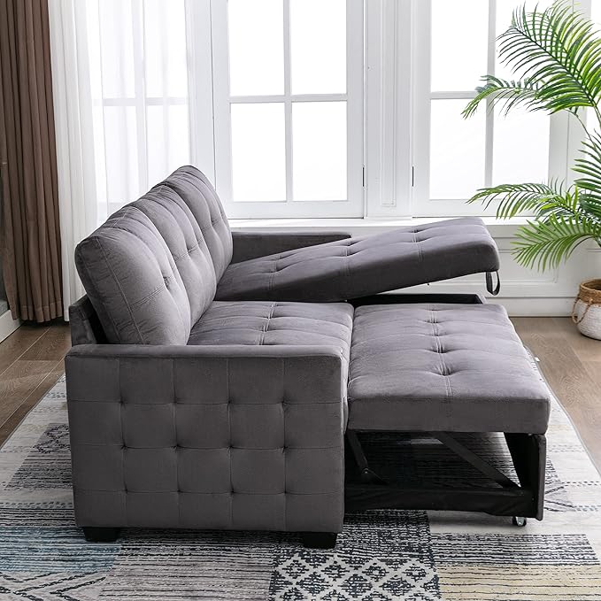 HABITRIO Sectional Sofa with Pull-Out Sleeper Bed, 76.8" Velvet Upholstered 2-Seat Solid Wood Frame Couch & Reversible Storage Chaise Lounge, Modern L-Shaped Corner Sofa for Living Room, Office