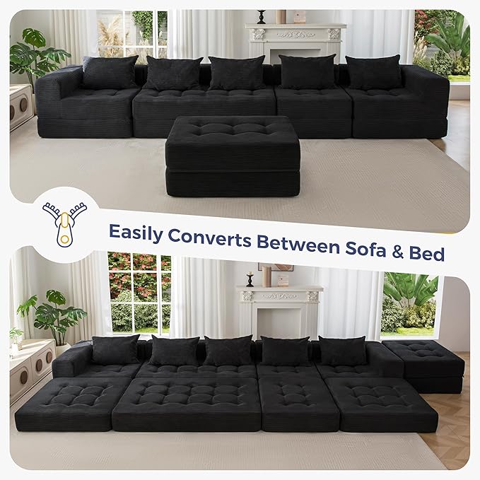 MAXYOYO Modular Sectional Sofa Couch, Foldable U Shaped Cloud Couch with Pillows, Tufted 6-Seat Boneless Sleeper Lounger Floor Sofa Bed for Living Room, No Assembly Required, Black