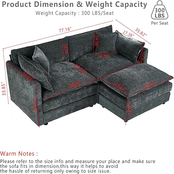 Setawix Deep Loveseat Couch with Ottoman,Large L-Shaped 2 Seater Cloud Couches for Living Room,77.16" Chenille Cloud Sofas with Deep Seat,Modular Sectional 2 Seat Sofa for Bedroom (Grey, 2+1)