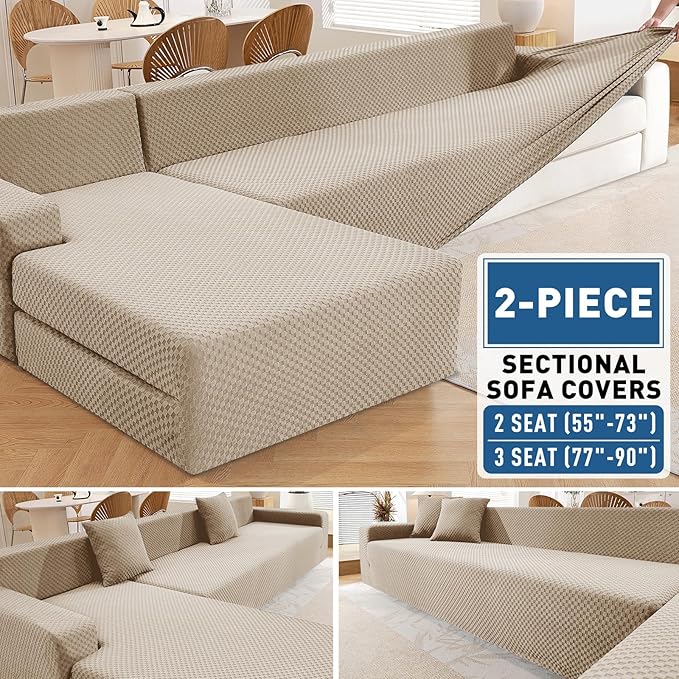 ZNSAYOTX Sectional Couch Covers, Stretch Jacquard Slipcovers with Elastic Bottom for L-Shape Sectional Sofa, 2 Pcs Dog Pet Friendly Modular Sofa Protector (3 Seat Couch + 2 Seat Chaise, Khaki)