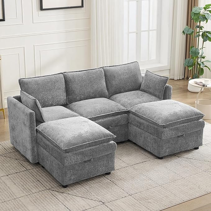 80" Cloud Modular 3 Seater Sofa with 2 Storage Ottoman, Modern Storage Sofa Couch Deep Seat, U Shape Sectional Sofa Chenille Comfy Couch with Armrests for Living Room, Small Space, Light Grey | Modular Sofa, Storage Ottoman, Upholstered Sofa, Sectional...