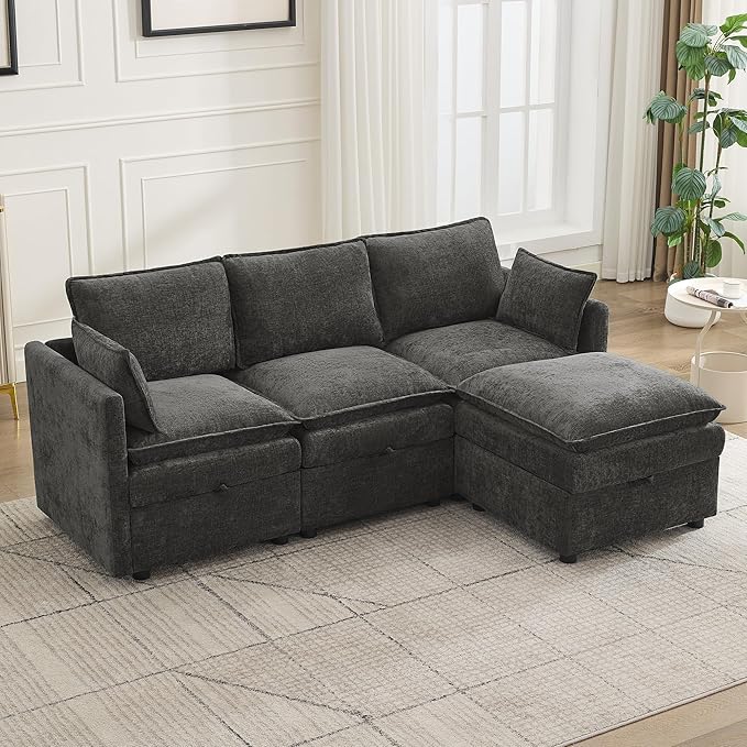 80" Cloud Modular 3 Seater Sofa with Storage Ottoman, Modern Upholstered Storage Sofa Couch Deep Seat, L Shape Sectional Sofa Chenille Comfy Couch with Armrests for Living Room, Small Space, Dark Grey | Cloud Sofa, Storage Ottoman, Storage Sofa, Deep S...