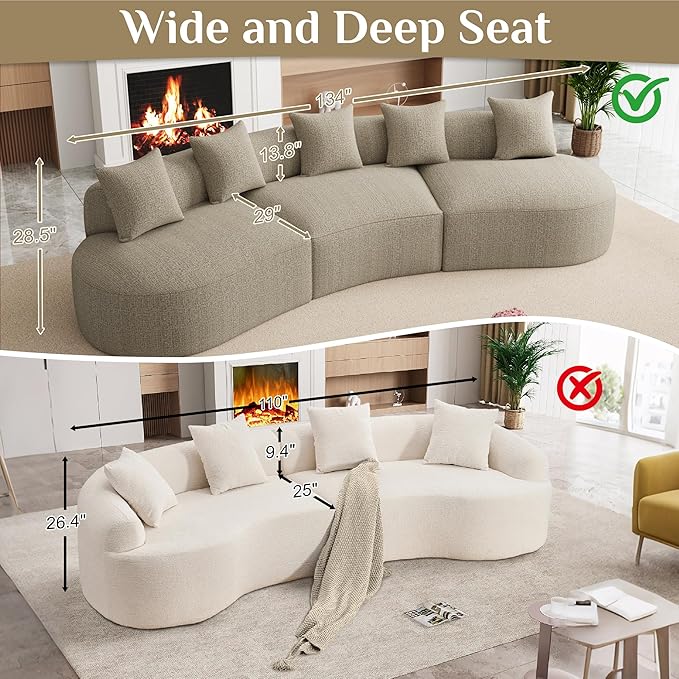 134" Curved Modular Sectional Sofa for Living Room, Modern Chenille Oversized Cloud Couch, Plush Luxury 6-Seater Extra Deep Seat Boucle Boneless Sofa, No Assembly Required, Light Brown