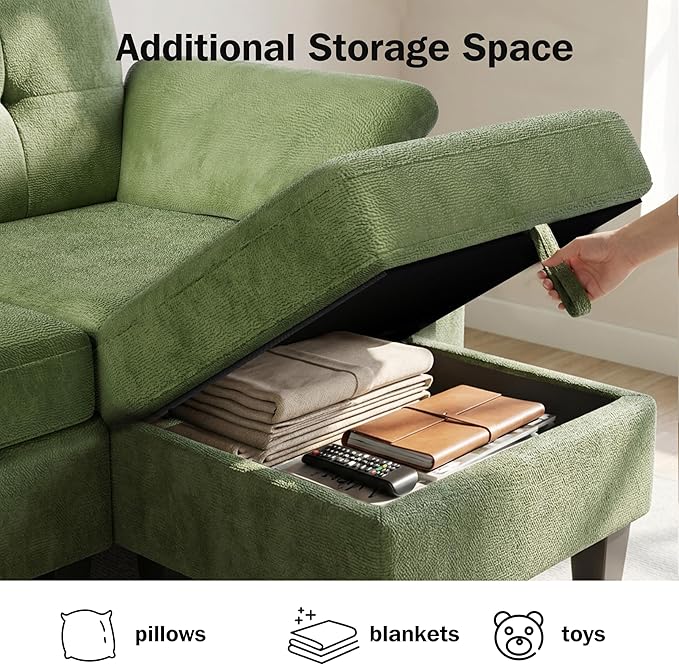 WEUP 79" Convertible Sectional Couch with Storage Ottoman, L Shaped Small Sofa, 4 Seat Couches for Living Room, Apartment, Small Space, Green
