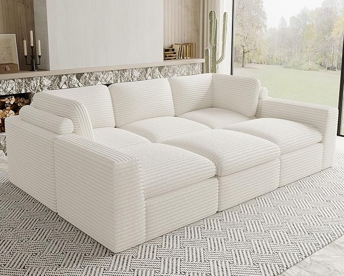 Belffin Boneless Modular Cloud Sectional Sleeper Sofa Bed Plush Corduroy Boneless Sectional Couches for Living Room with Ottoman No Assembly Required. Beige Couch