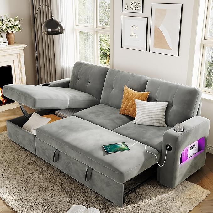 GarveeHome 84 Inch Sleeper Sofa Couch, L-Shaped Sofa, Convertible Pull Out Sofa Bed with Storage, Charging Station, Led Lights, Modern Sectional Sofa for Living Room, Apartment, Velvet, Light Grey