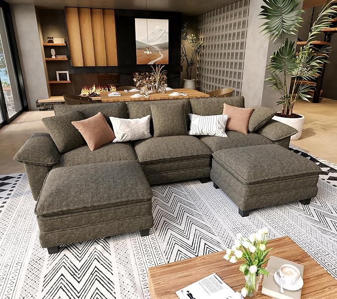 U Shaped Modular Cloud Couch, 123.6'' Comfy Chenille Sectional Sofa with Wider Armrest and Ottoman, Upholstered 5-Seat Modern Deep Seat for Bedroom Living Room, Smoky Grey