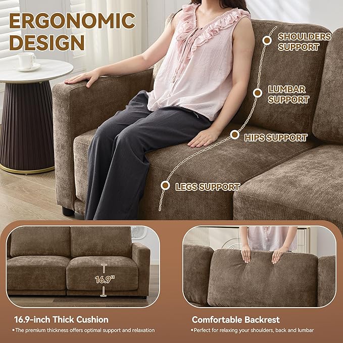 77.4" Chenille Modular Loveseat Oversized Upholstered 2 Seater Sectional Sofa with Thickened Cushions, Easy Assembly, Modern Comfy Love Seat Couch for Living Room, Brown