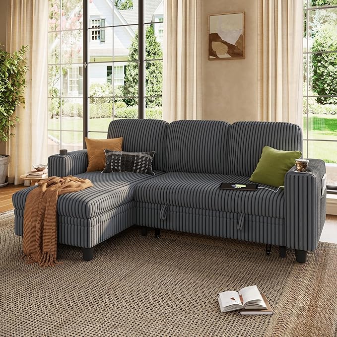 LINSY HOME Sectional Sleeper Sofa Couch with Storage Chaise & USB Charging, Plush Corduroy Convertible Pullout Sofa Bed, Modular Sectional Couches for Living Room Bedroom (Grey, 81'' L-Shaped Sofa)